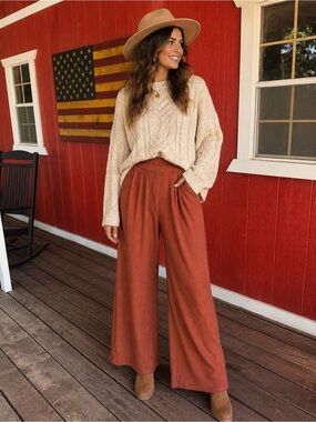 SHEIN Rust Ribbed Wide-Leg Pants